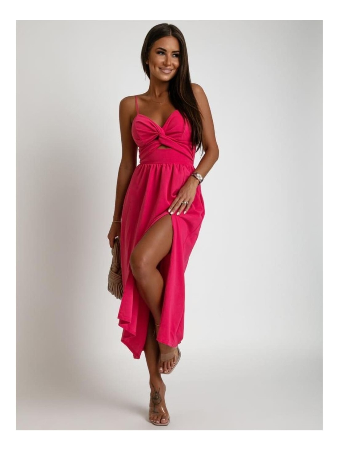 Summer midi dress with straps, dark pink AZR010481